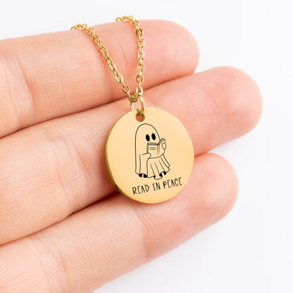 Read in Peace, Cute Ghost Necklace, Halloween Gifts for Reader, Book Lover Halloween, Bookish Halloween Necklace, Dainty Ghost Necklace