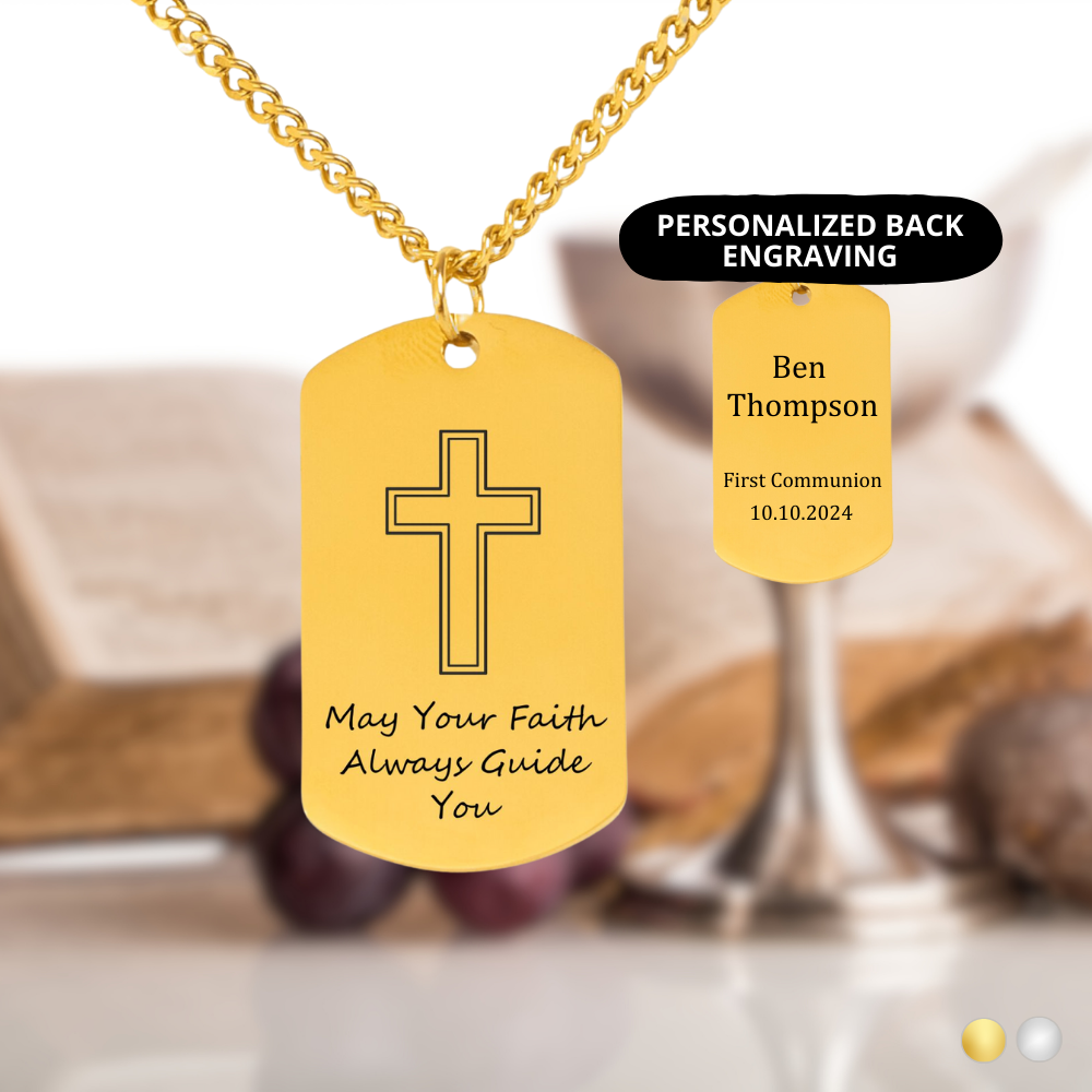 Religious Cross Necklace for Boys, Engraved First Holy Communion Gift with Name & Date, Perfect Keepsake for Godson, Baptism, Confirmation