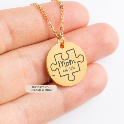 Mom Puzzle Necklace, Happy Mother's Day Gift from Kids, Mom Birthday Gift, Engraved Puzzle Charm, Personalized Date Necklace, Thank You Mom Gift, First Time Mom