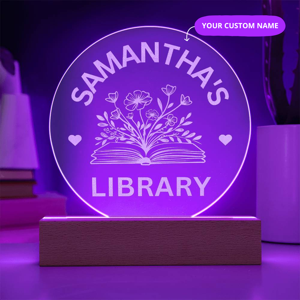 Engraved LED Library Sign, Custom Name Book Nook Decor, Personalized Bookshelf Sign with Stand for Book Lovers & Readers