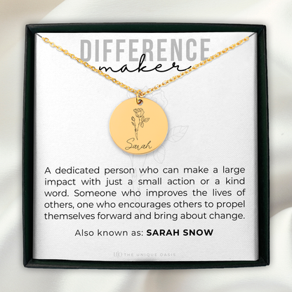 Difference Maker Necklace, Gift for Leader, Inspirational Teacher Gift, Coach Gift, Guest Speaker Gift, Social Worker Gift, Graduation GiftName & Birth Flower Necklace