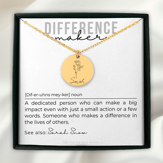 Personalized Difference Maker Necklace, Difference Maker Gift, Difference Maker Definition Gift, Mentor Appreciation Gift, Leader Gift, Birth Flower Necklace