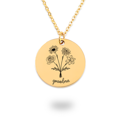 Personalized Grandma Birth Flower Bouquet Necklace, Family Birth Flower Necklace, Birth Month Flower, Engraved Grandma Garden Gift