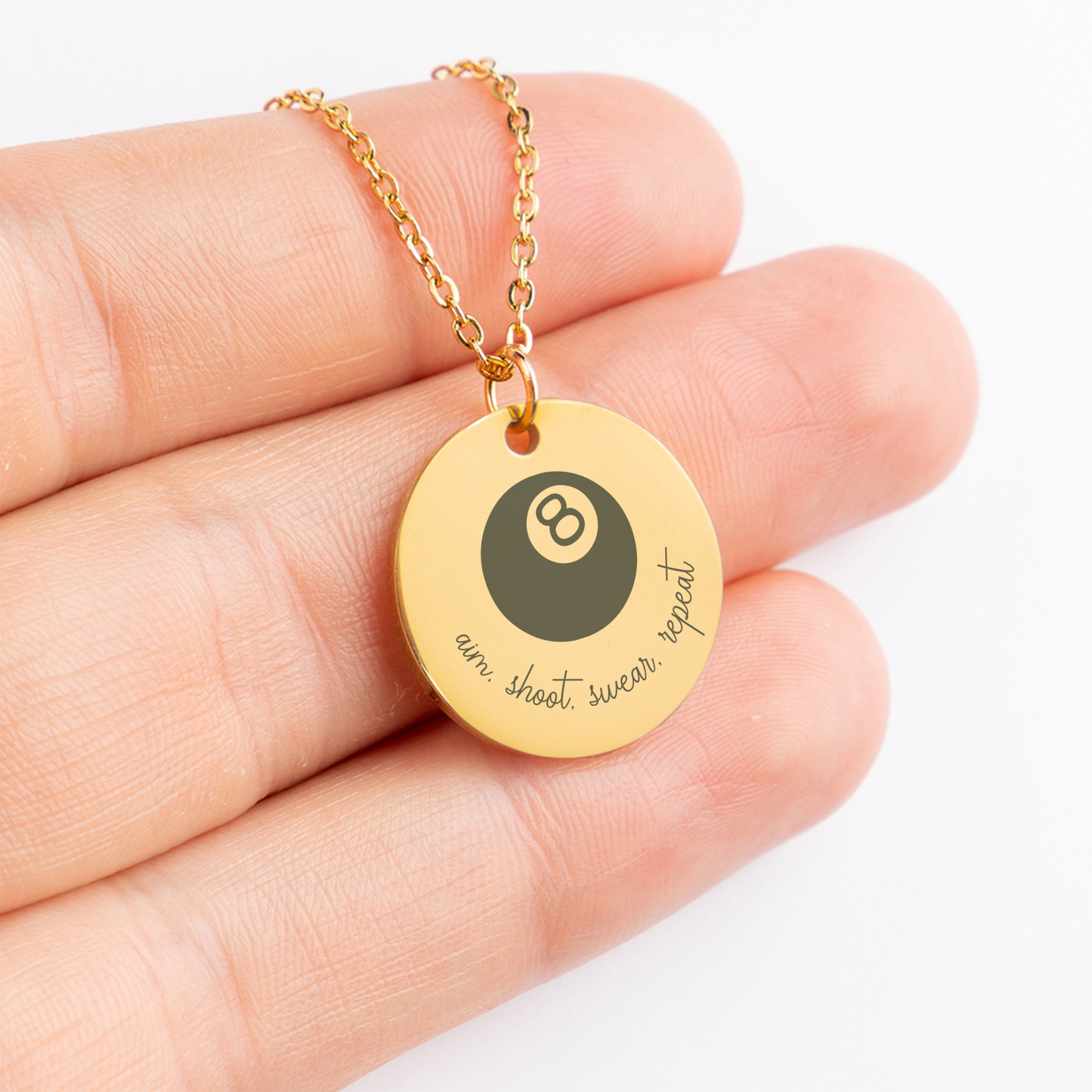 Personalized 8 Ball Necklace, Aim, Shoot, Swear, Repeat, Gift For Pool Player, 8 Ball Gift, 8 Ball Coach Gift, 8 Ball Pendant, Pool Necklace, Billiards Jewelry