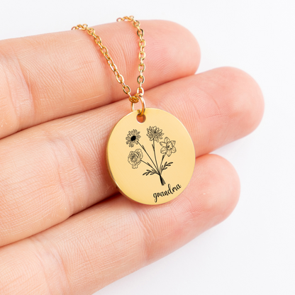 Personalized Grandma Birth Flower Bouquet Necklace, Family Birth Flower Necklace, Birth Month Flower, Engraved Grandma Garden Gift