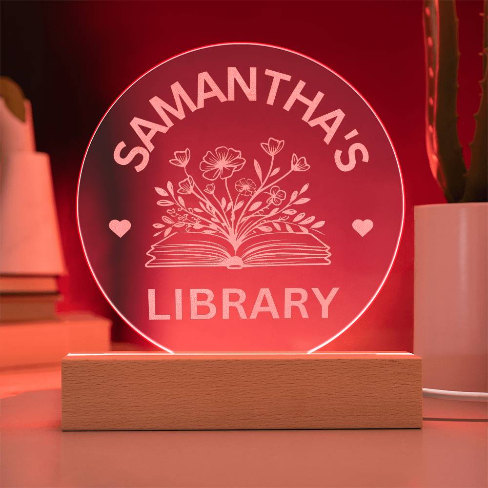 Engraved LED Library Sign, Custom Name Book Nook Decor, Personalized Bookshelf Sign with Stand for Book Lovers & Readers