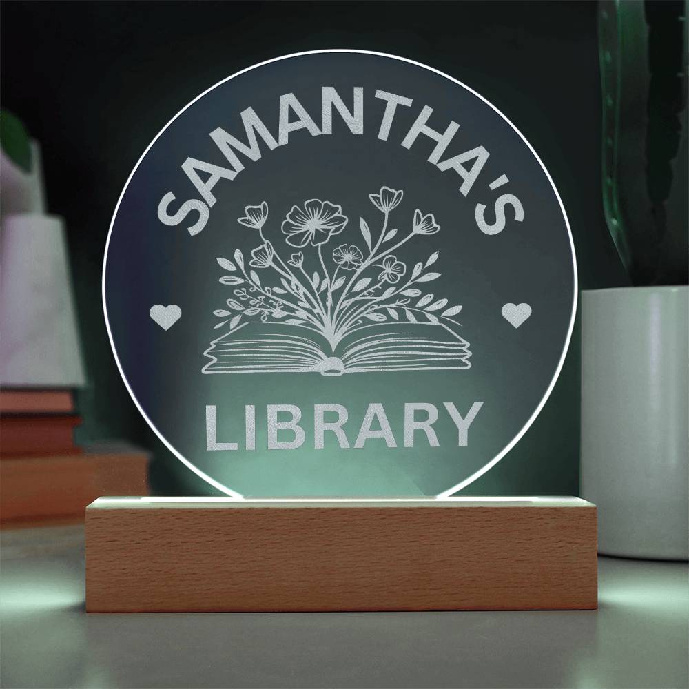 Engraved LED Library Sign, Custom Name Book Nook Decor, Personalized Bookshelf Sign with Stand for Book Lovers & Readers