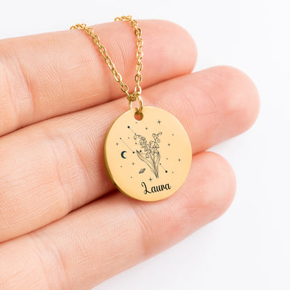 Dainty Constellation Birth Month Flower Necklace with Name, Constellation Necklace, Zodiac Necklace for Her, Christmas Gift, Daughter Gifts