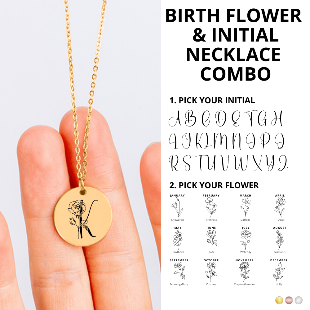 Combined Birth Flower and Initial Necklace, Engraved Birth Flower Necklace, Dainty Initial Pendat Necklace, Birthday Gift For Her, Birth Flo