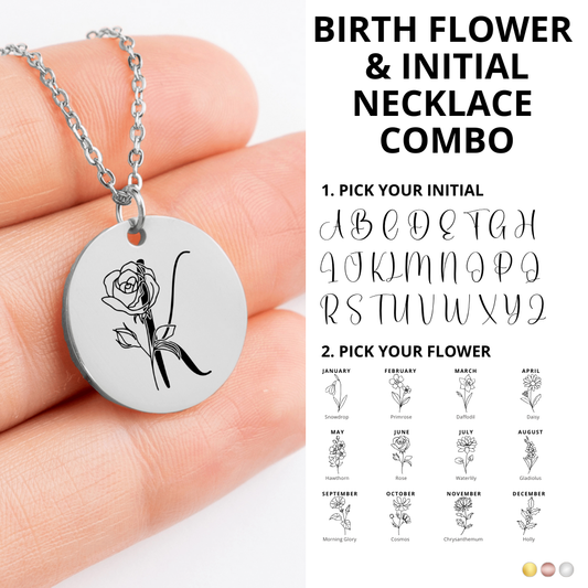 Combined Initial and Birth Flower Necklace, Engraved Birth Month Flower Necklace, Dainty Initial Pendat Necklace, Birthday Gift For Her, Bir