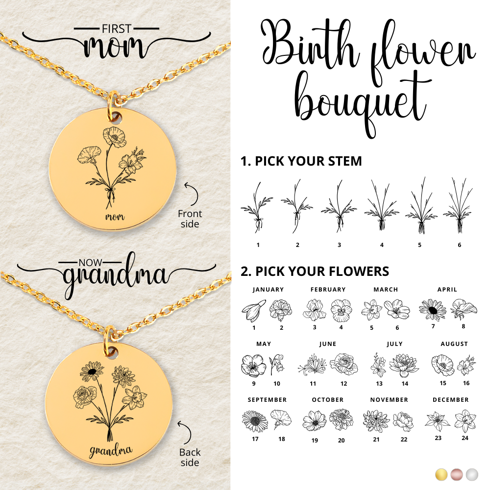 Personalized Combined Birth Flower Bouquet Necklace, Family Birth Flower Necklace, Birth Month Flower, Engraved Grandma Garden Gift