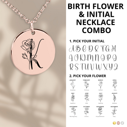 Combined Initial and Birth Flower Necklace, Engraved Birth Month Flower Necklace, Dainty Initial Pendat Necklace, Birthday Gift For Her, Bir