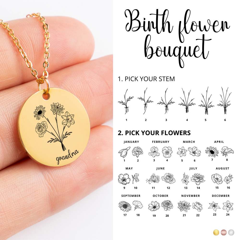 Personalized Grandma Birth Flower Bouquet Necklace, Family Birth Flower Necklace, Birth Month Flower, Engraved Grandma Garden Gift