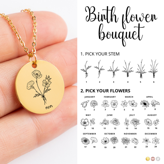 Personalized Mom Birth Flower Bouquet Necklace, Mama Birth Flower Necklace, Birth Month Flower, Engraved Mom’s Garden Gift