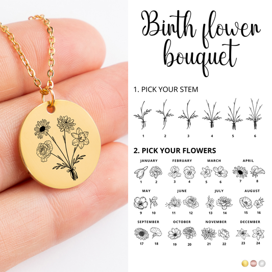 Combined Birth Month Flower Bouquet Necklace, Family Birth Flower Bouquet Pendant, Personalized Gift for Her, Birth Flower Grandma, Birth Flower mom, Bundle Birth Flower Charm