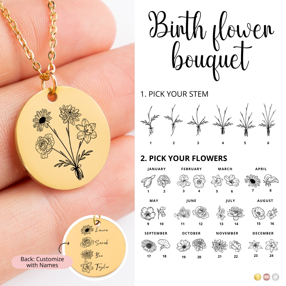 Combined Birth Month Flower Bouquet Necklace with Names, Family Birth Flower Bouquet Pendant, Personalized Gift for Her