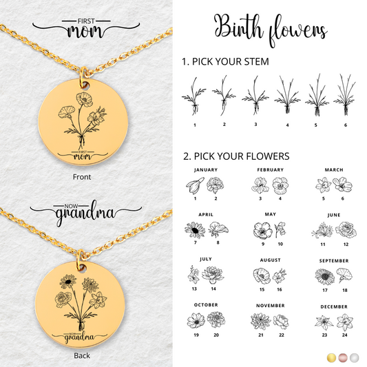 Combined Family Birth Month Flower Necklace, First Mom, Now Grandma, Mothers Day Gift for Nana, Bouquet Flower Necklace, Grandma Gifts, Family Necklace